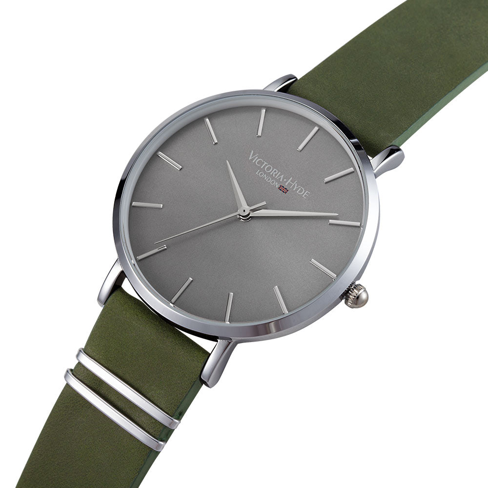 Victoria Hyde, VH30063, Richmond Classic, Grünes Lederarmband, Silbernes Gehäuse, Graues Ziffernblatt, Herrenuhr, Armbanduhr