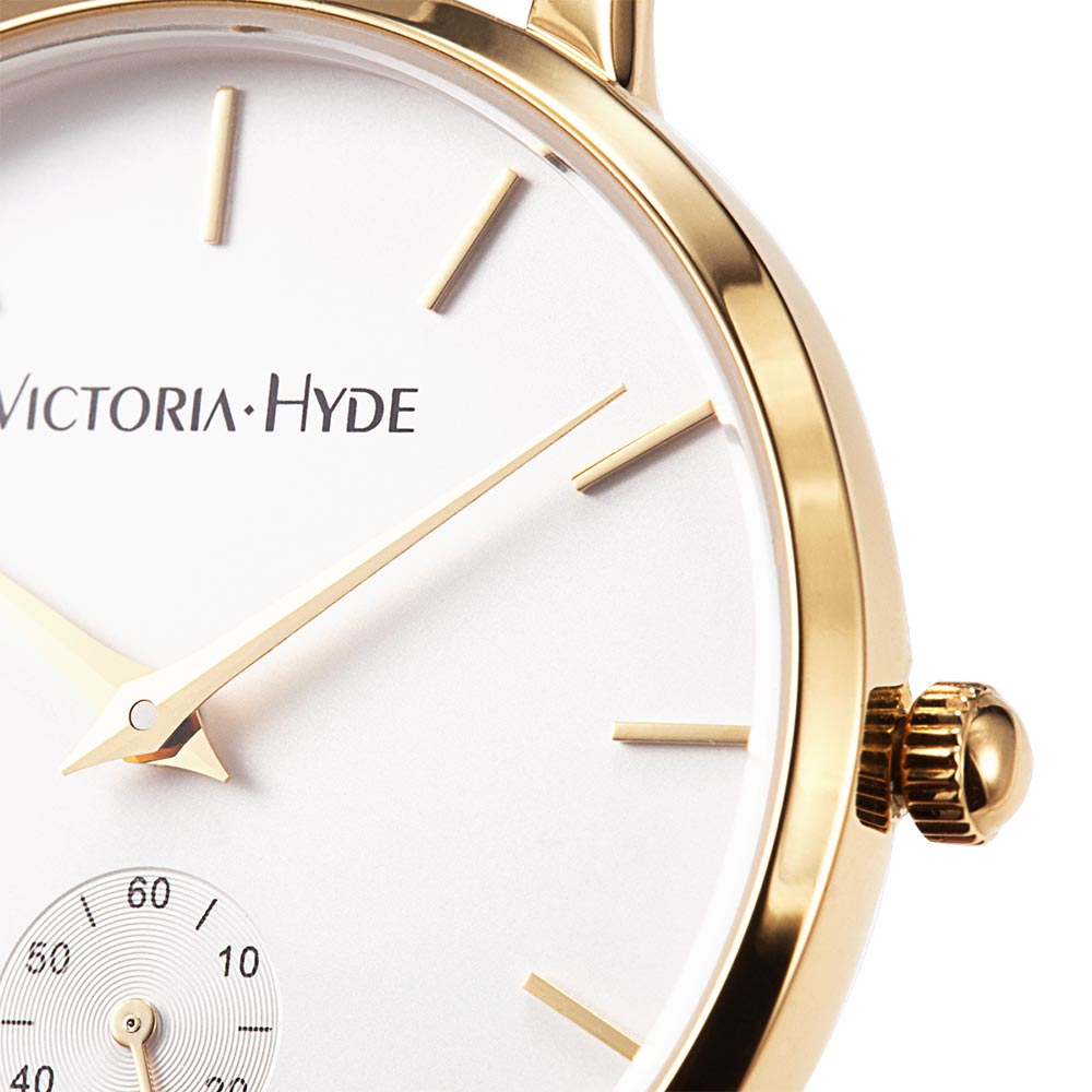 Victoria Hyde, VH4002M, Metropolitan Time Bicolor, Silbernes Mesharmband, Goldenes Gehäuse, Damenuhr, Armbanduhr, Details