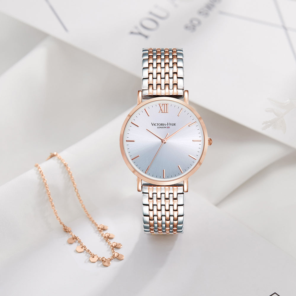 Bicolore Uhr in Rosegold und Silber mit passenden Armband