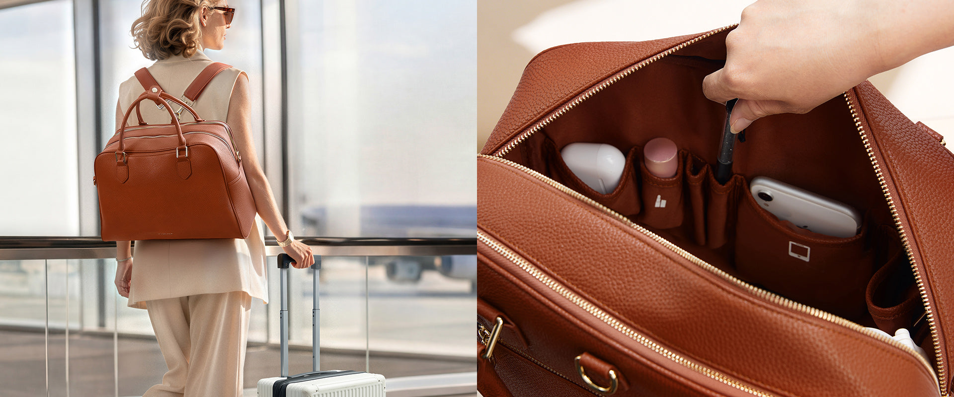 A woman in a light-colored vest and trousers at an airport, wearing a brown pebbled leather backpack and pulling a wheeled suitcase. On the right, a detailed view of the same brown bag's open interior, displaying specific organizational pockets with a white electronic device, a pink item, a smartphone, and a hand reaching in with a pen. The panels illustrate the leather backpack and its internal compartments for travel.