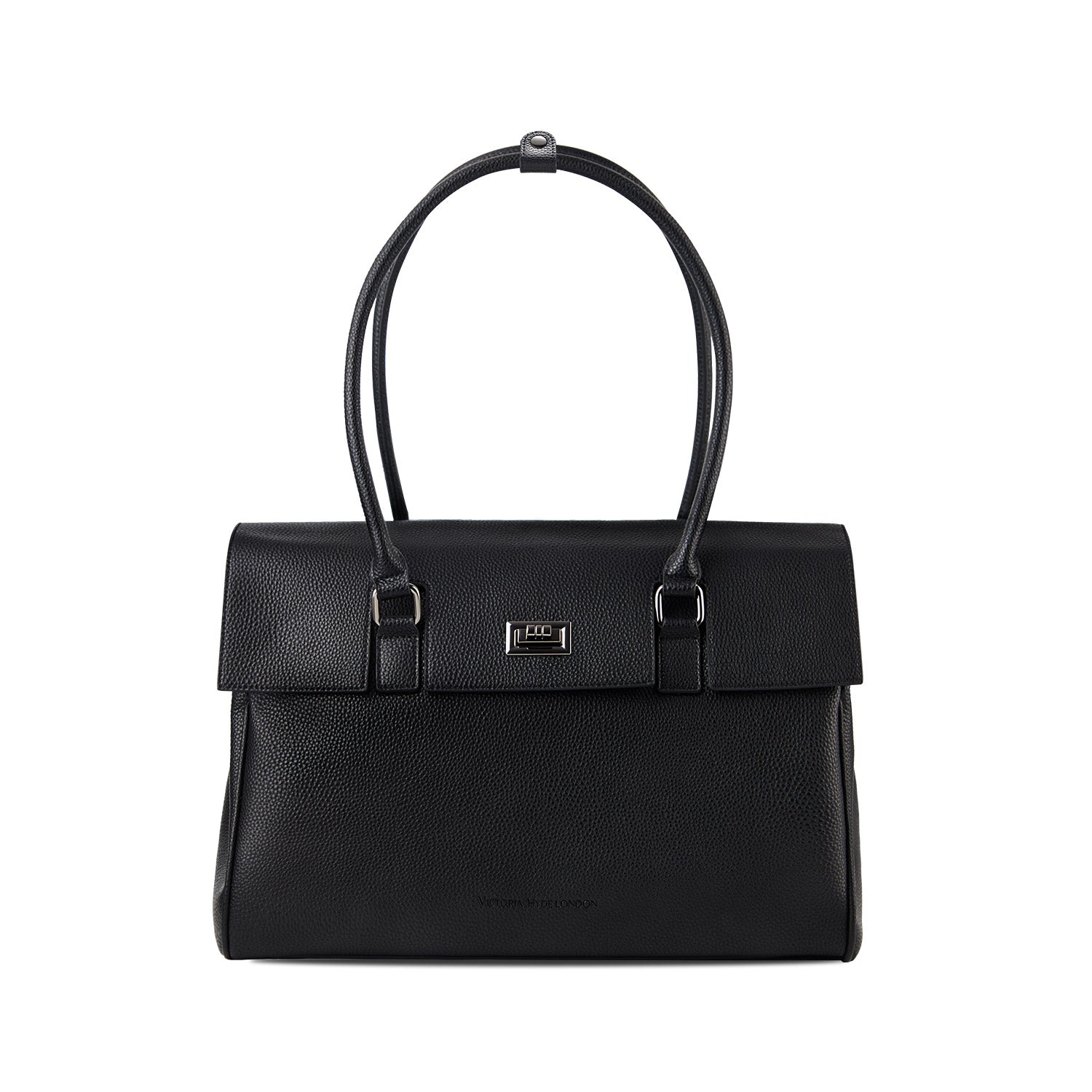 Die große Jolene Laptop und Business Handtasche von Victoria Hyde London, in schwarz, von vorne und geschlossen.