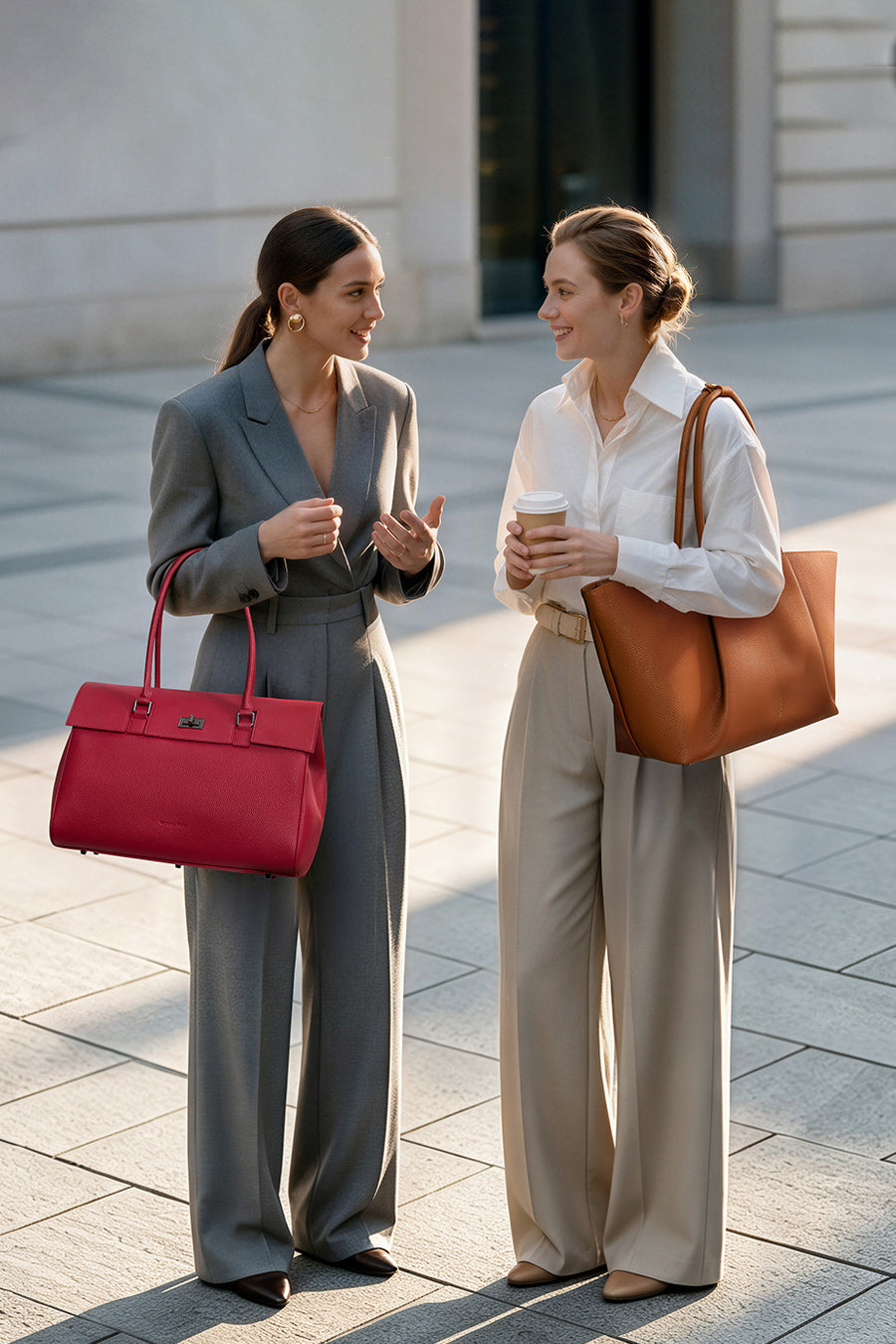 Two professional women walking outdoors during their daily commute, carrying Victoria Hyde London Jolene red structured business handbag and Ada brown work handbag