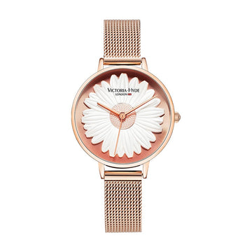 Victoria Hyde, VH1018F, 3D Daisy Series, Roségold , Damenuhr, roségoldfarbene Hardwares, Edelstahl-Mesh-Band, Vorderansicht