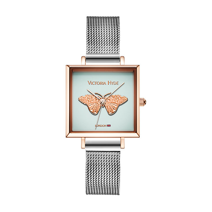 Victoria Hyde, VH1027M, Maida Vale Butterfly Edged, silbernes Mesh Armband, goldfarbenes Gehäuse, Vorderansicht