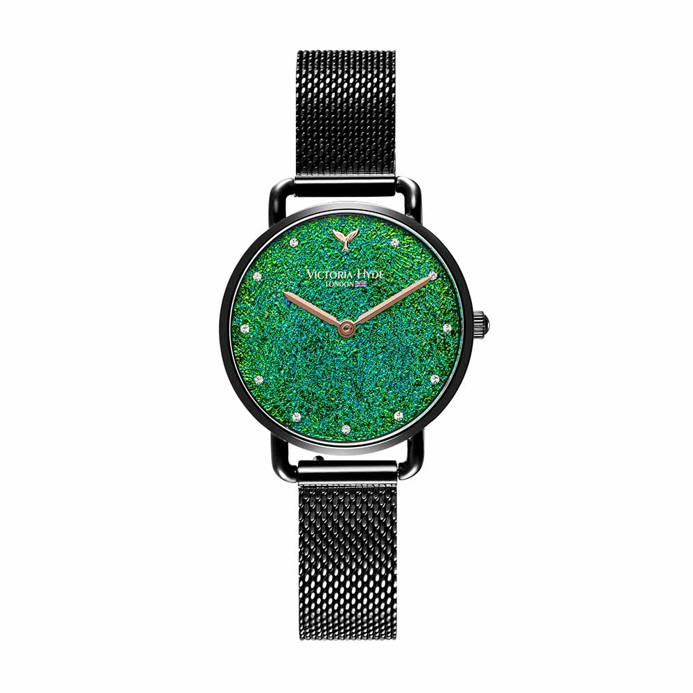 Victoria Hyde, VH1045F, Galaxy Sparkle Mesh, Schwarz Mesh Armband, Schwarzes Gehäuser, Damenuhr, Vorderansicht