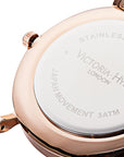 Victoria Hyde, VH30011M, Armbanduhr, Metropolitan Modern, Schwarzes Mesharmband, Rosegoldenes Gehäuse, Unisex-Modell, Rückansicht