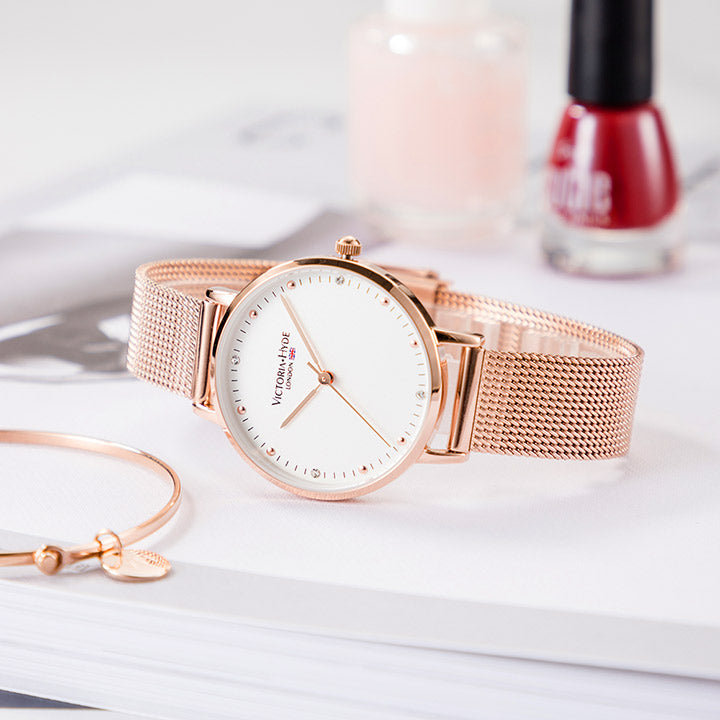 Rose gold mesh outlet strap ladies watch