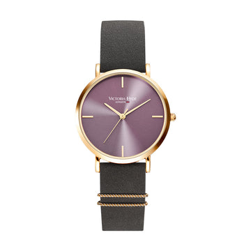 Victoria Hyde, VH30054, Seven Sisters Simple Leder, Graues Lederarmband, Goldenes Gehäuse, Lilanes Ziffernblatt, Unisex-Modell, Armbanduhr, Herrenuhr, Damenuhr, Vorderansicht