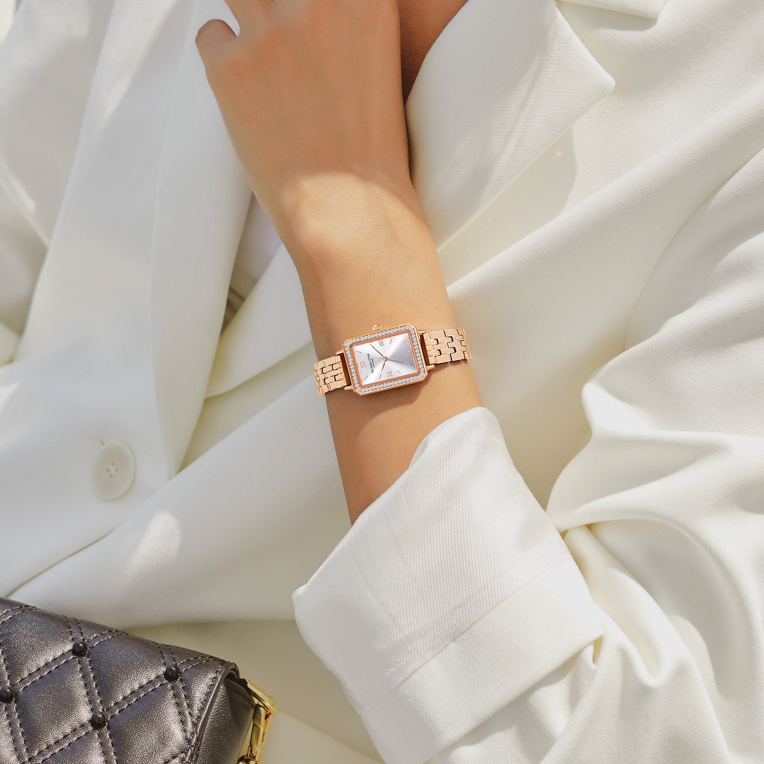 Victoria Hyde Westminster rose gold ladies' watch – square case, diamond details, Miyota movement, mineral glass, stainless steel strap, 22x28 mm.