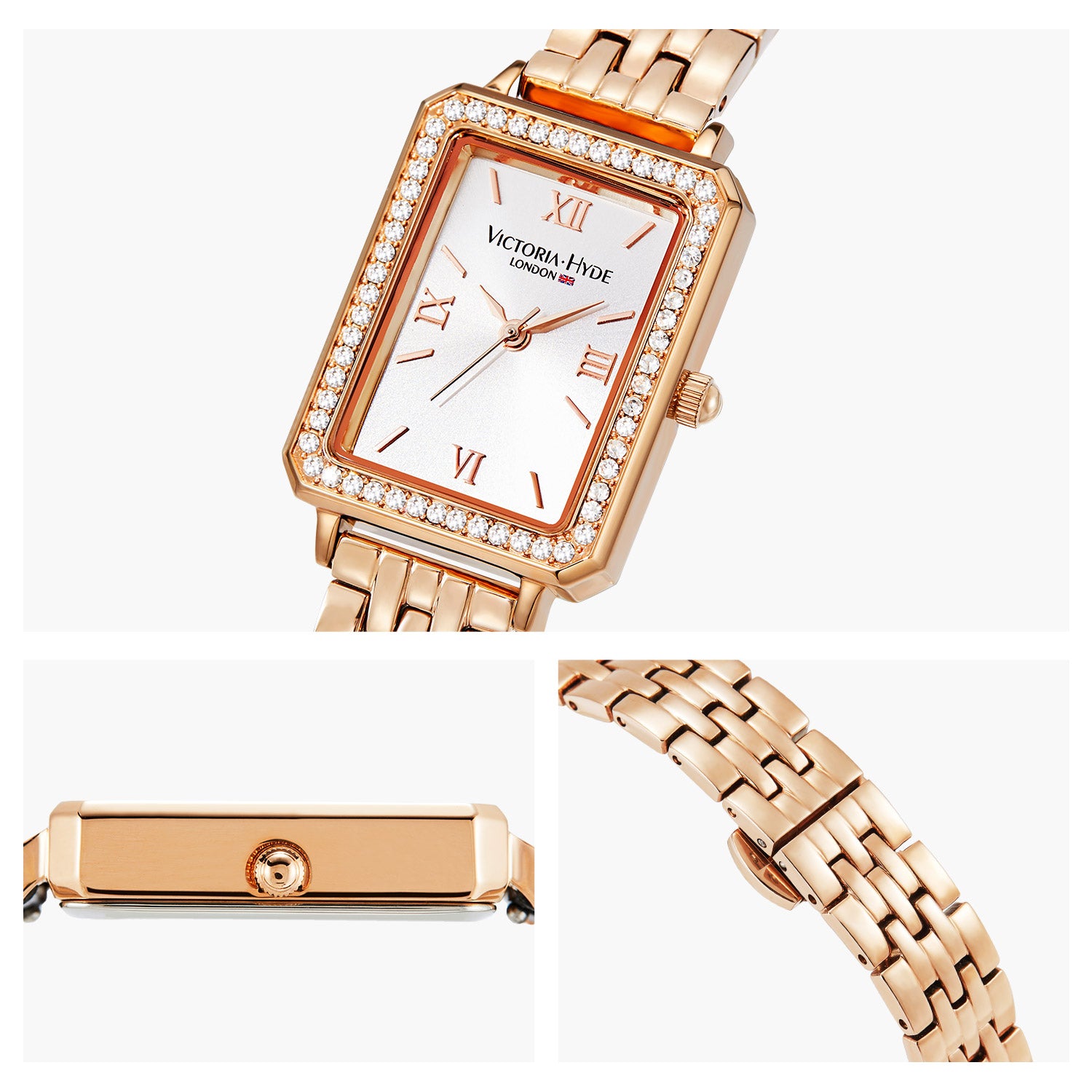 Victoria Hyde Westminster rose gold ladies' watch – square case, diamond details, Miyota movement, mineral glass, stainless steel strap, 22x28 mm.