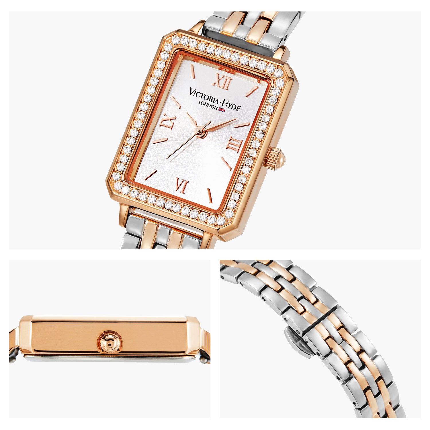 Victoria Hyde Westminster silver rose gold ladies watch – square case, diamond details, Miyota 2035, mineral glass, stainless steel band, 22x28 mm.