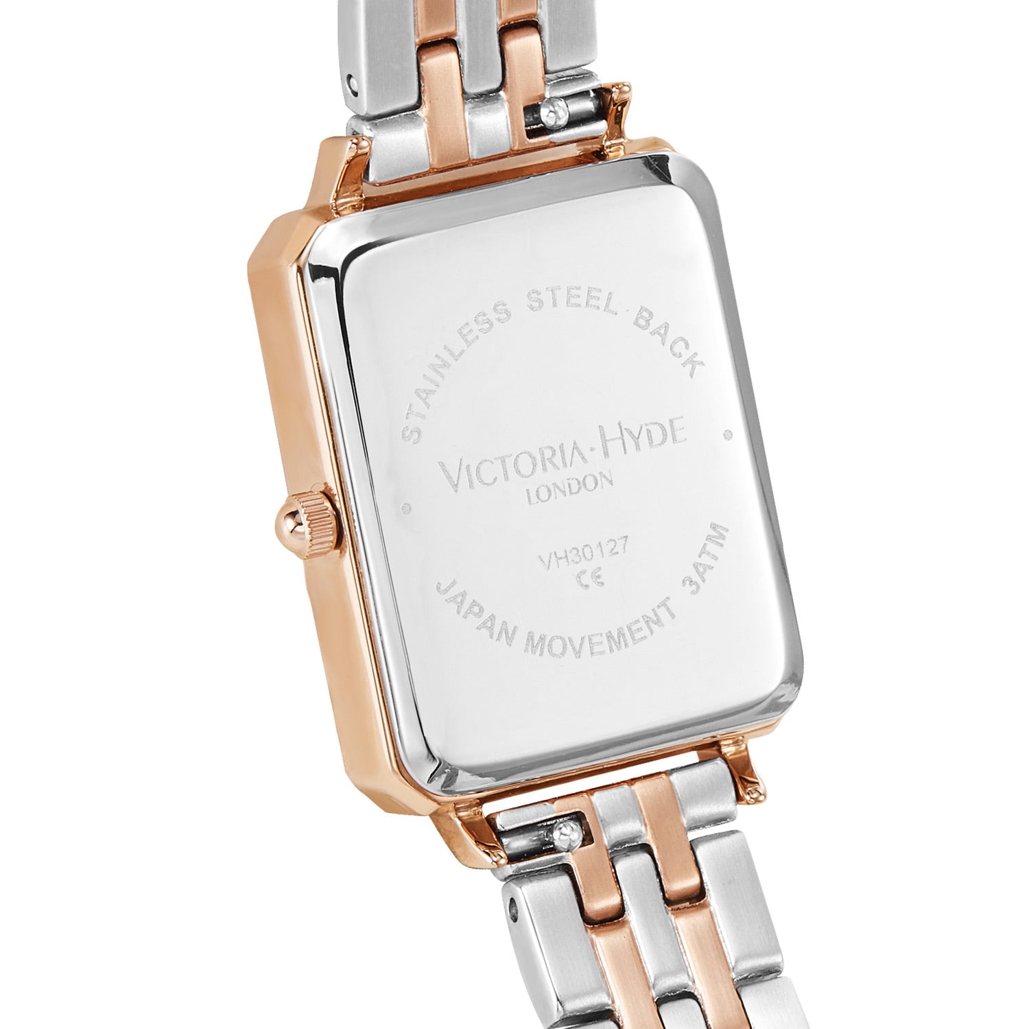 Victoria Hyde Hampton square ladies watch – rose gold case, two-tone stainless steel band, Miyota 2035 movement, mineral glass, 22x28 mm.