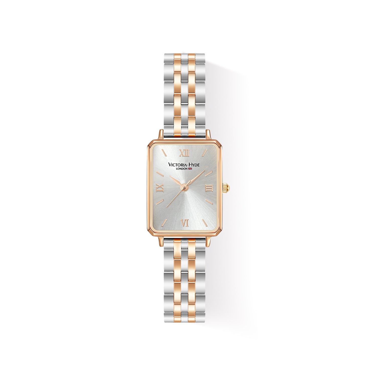 Victoria Hyde Hampton square ladies watch – rose gold case, two-tone stainless steel band, Miyota 2035 movement, mineral glass, 22x28 mm.