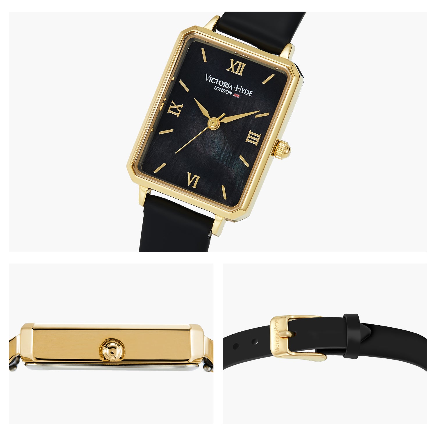 Victoria Hyde Hampton ladies' square watch – gold-tone case, leather strap, Miyota 2035 movement, mineral glass, 22x28 mm, elegant design.