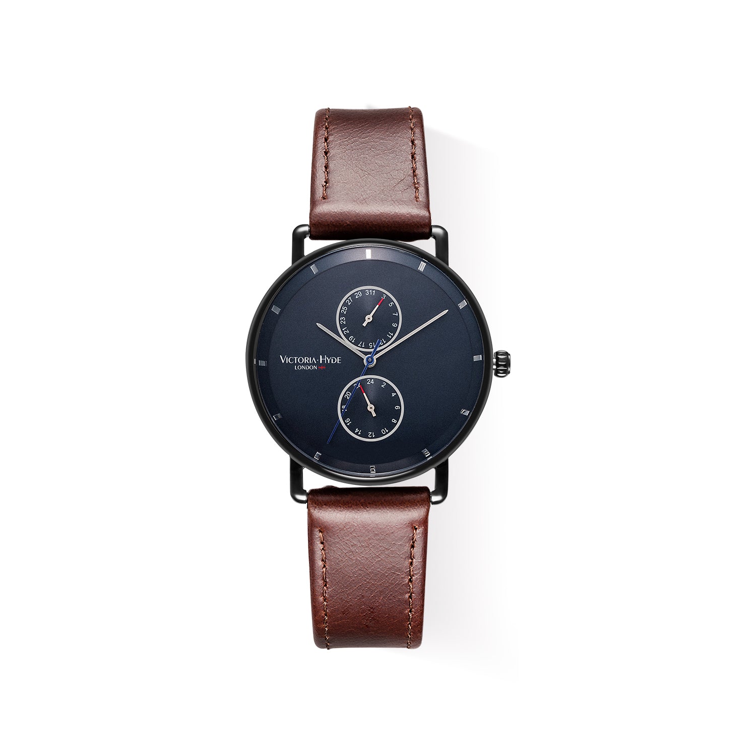 Victoria Hyde Grange Hill Date brown leather watch black case unisex Miyota 2035 mineral glass 40mm 3 ATM
