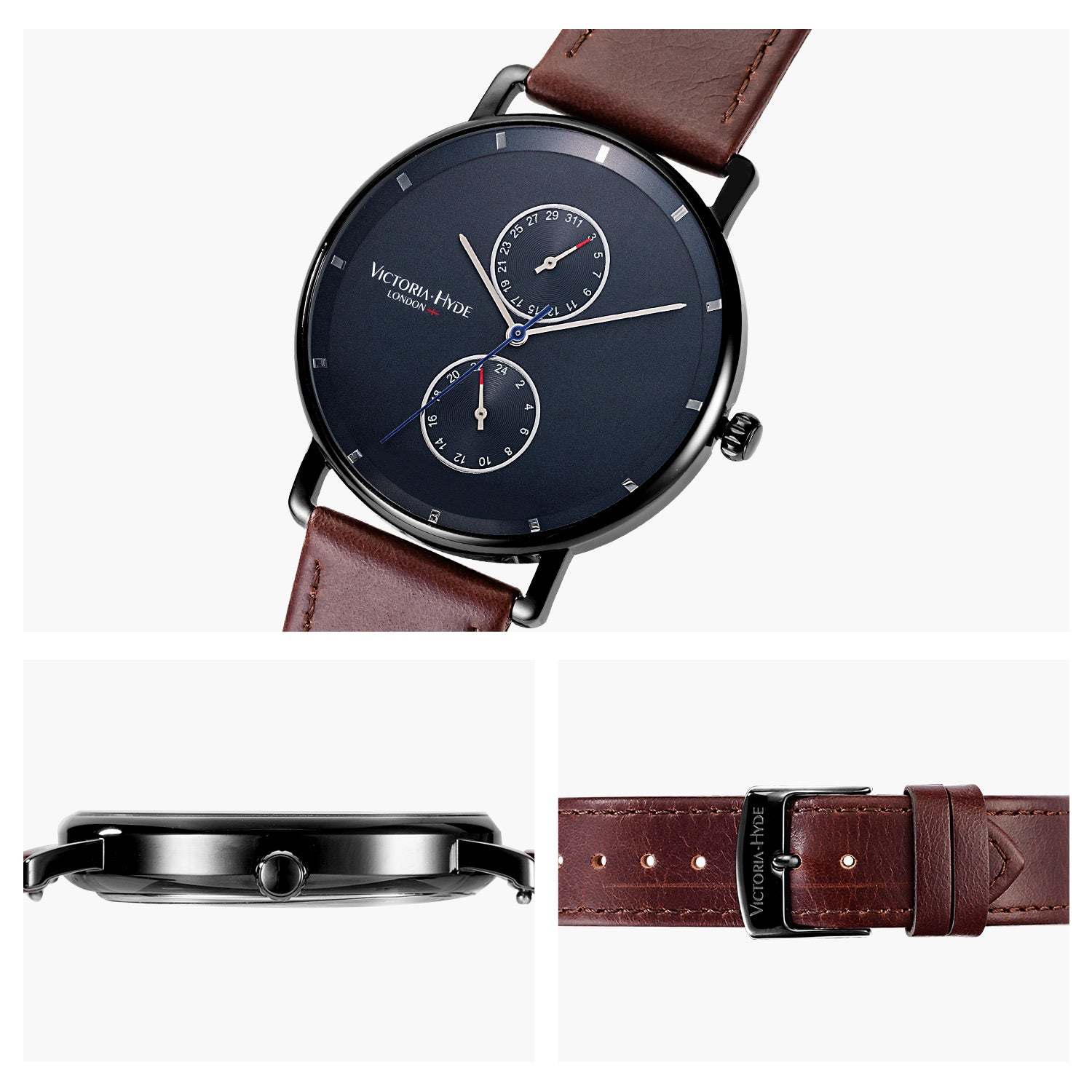 Victoria Hyde Grange Hill Date brown leather watch black case unisex Miyota 2035 mineral glass 40mm 3 ATM