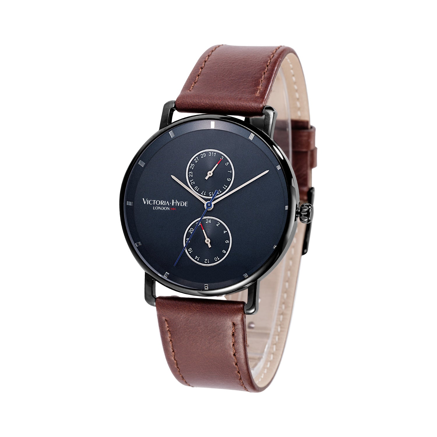 Victoria Hyde Grange Hill Date brown leather watch black case unisex Miyota 2035 mineral glass 40mm 3 ATM