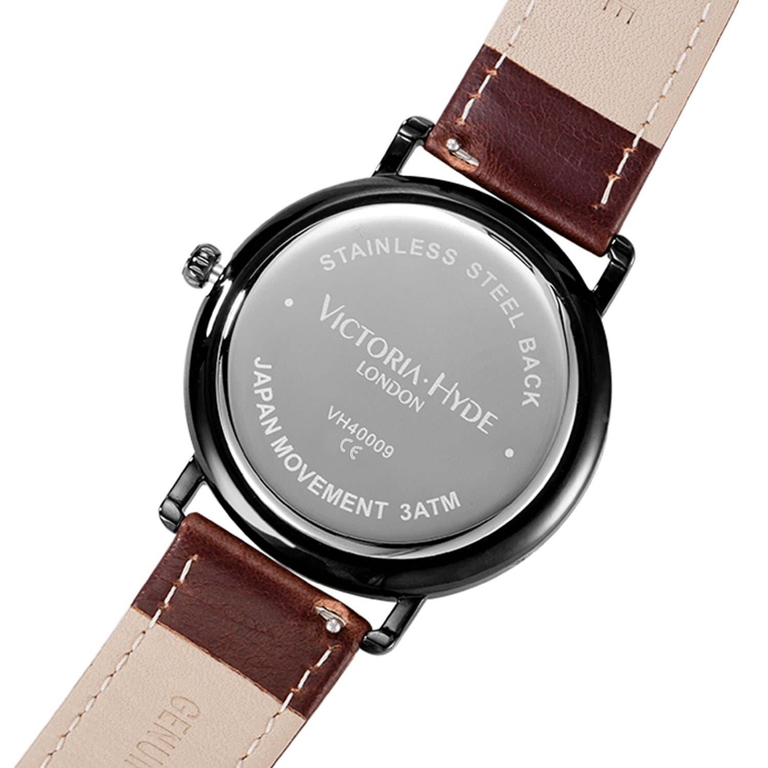 Victoria Hyde Grange Hill Date brown leather watch black case unisex Miyota 2035 mineral glass 40mm 3 ATM