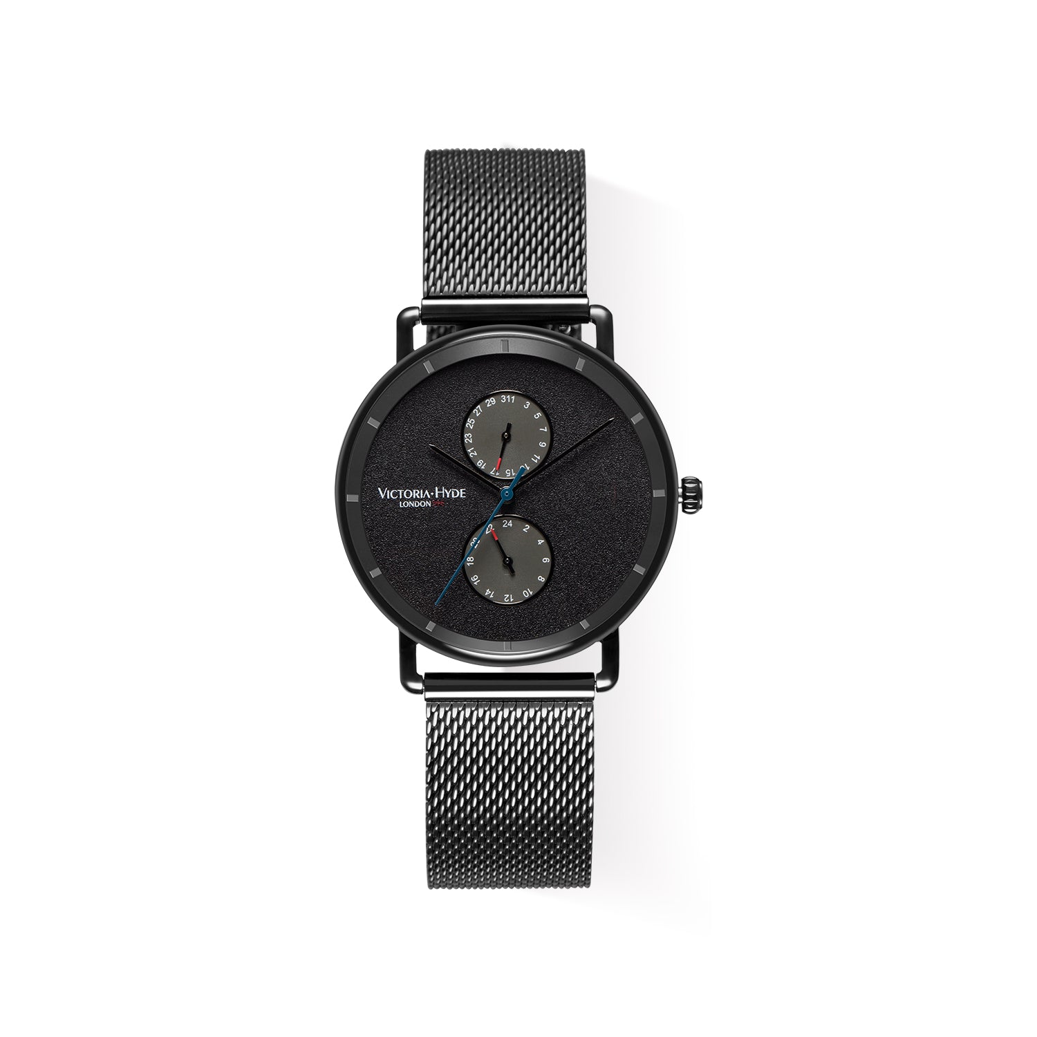 Victoria Hyde Grange Hill Date Mesh black unisex watch – black case & mesh strap, Miyota 2035, mineral glass, 40mm diameter, 3 ATM.