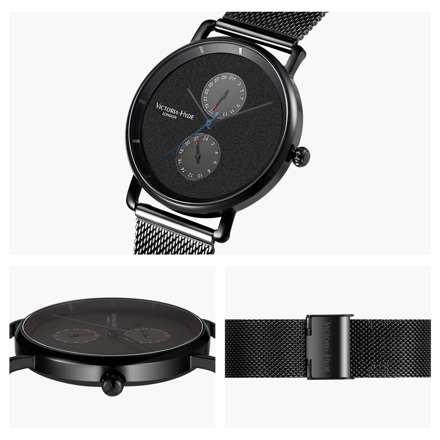 Victoria Hyde Grange Hill Date Mesh black unisex watch – black case & mesh strap, Miyota 2035, mineral glass, 40mm diameter, 3 ATM.