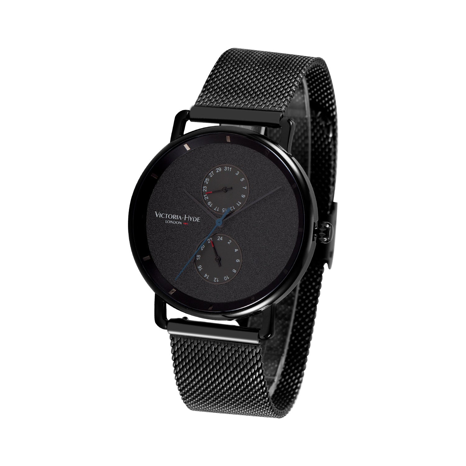 Victoria Hyde Grange Hill Date Mesh black unisex watch – black case & mesh strap, Miyota 2035, mineral glass, 40mm diameter, 3 ATM.