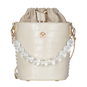 Victoria Hyde, VH60006, Bead chain bucket bag, beige, Goldfarbene hardware, Umhängetasche, Handtasche, Damentasche, Vorderansicht