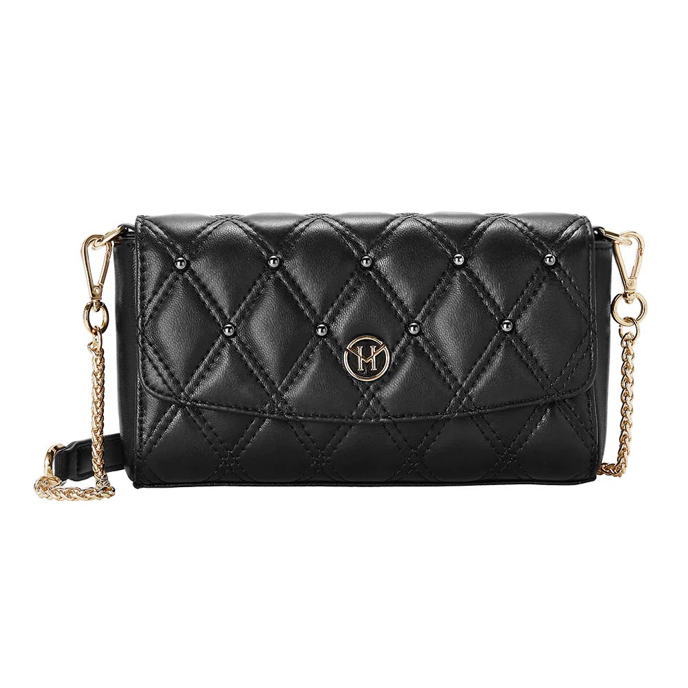 Victoria Hyde, VH60040, Pearl Quilted, Schwarz, Handtasche, Umhängetasche, Damentasche, Verziert mit goldfarbener Kette, Perlen Details, Vorderseite