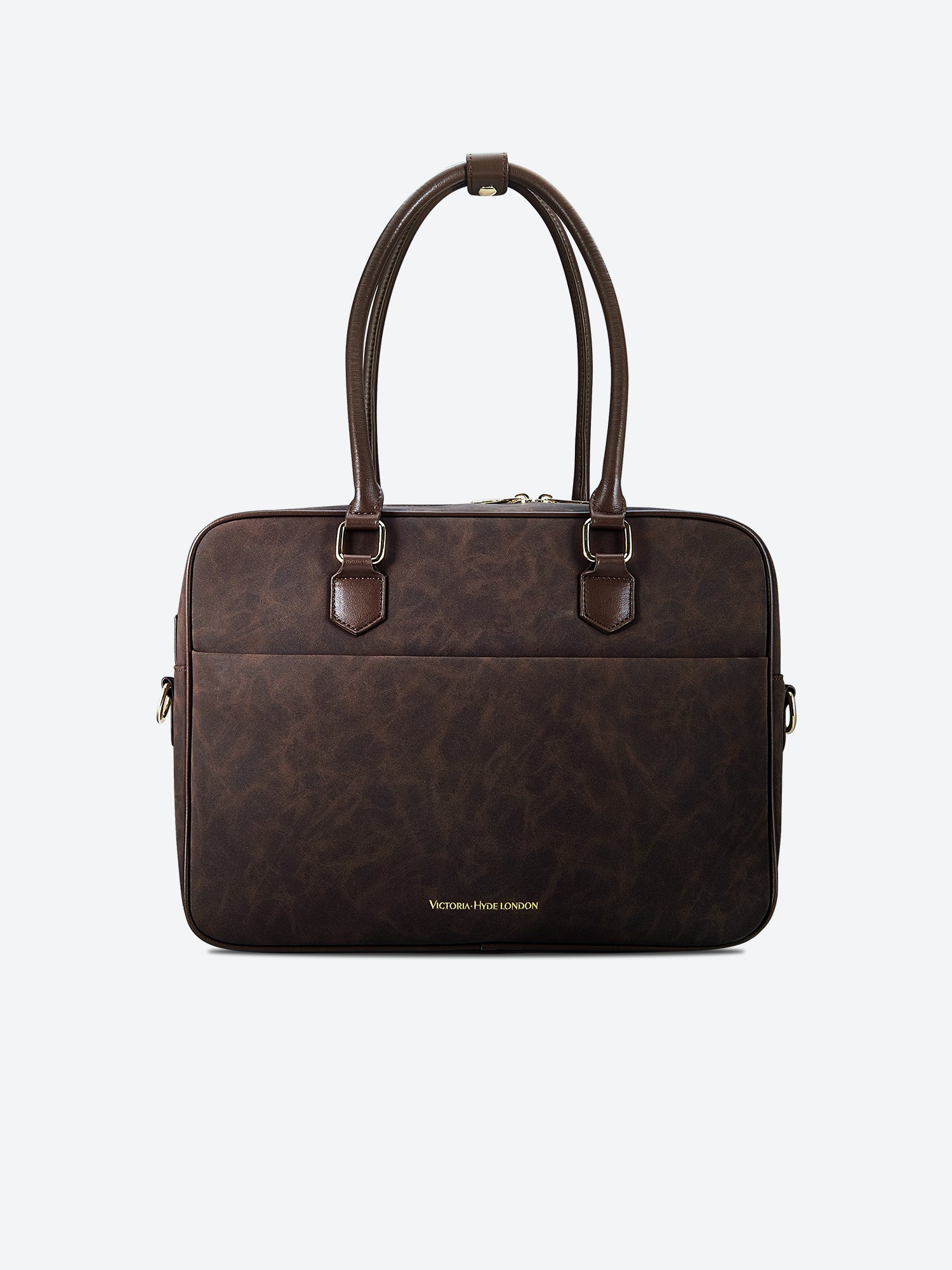 Victoria Hyde brown work bag, microfiber leather, vegan, water‑repellent. Fits 13" laptop, smart interior, removable cosmetic pouch, mouse and umbrella pockets. Organized for daily office use.