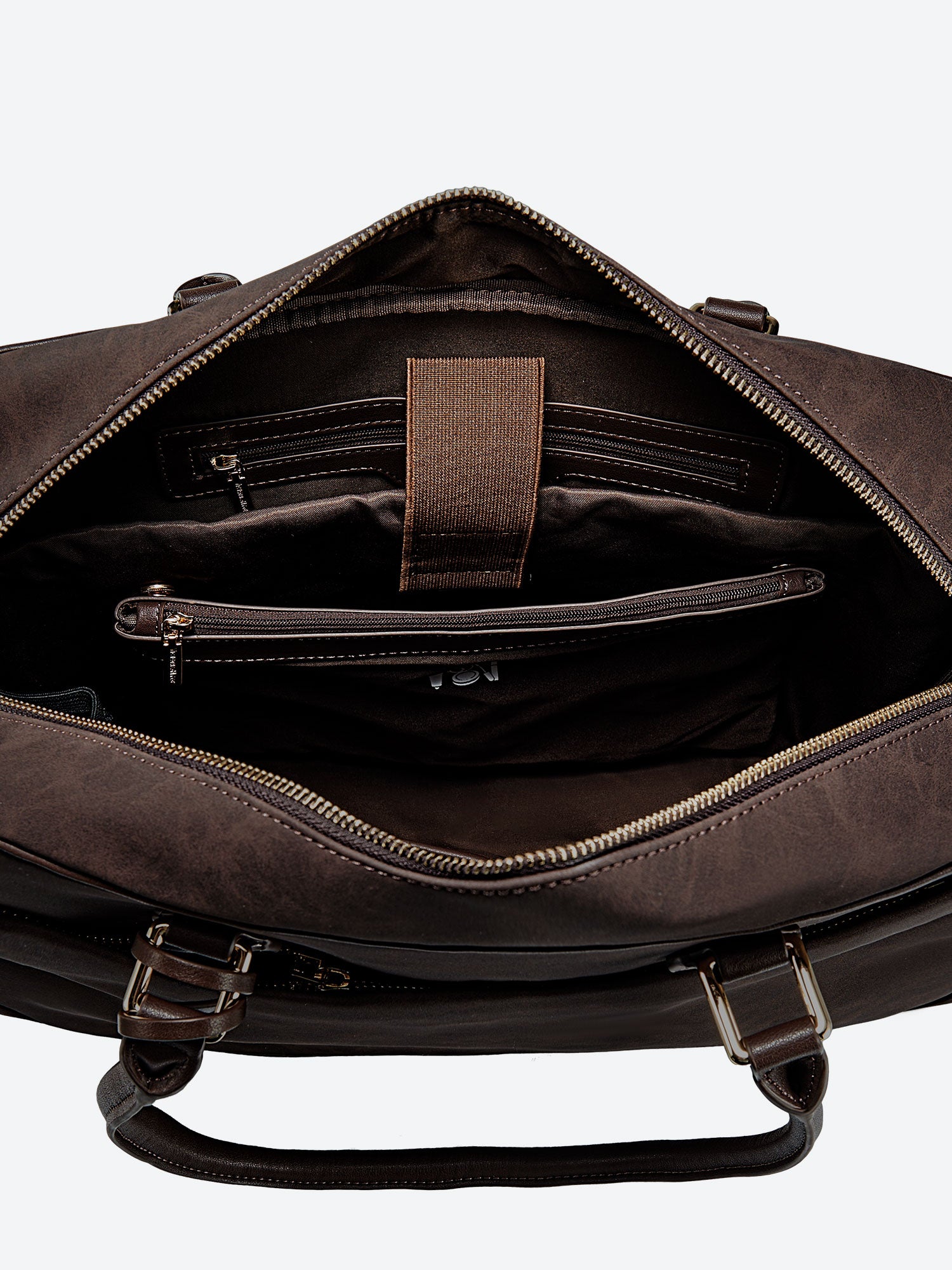 Victoria Hyde brown work bag, microfiber leather, vegan, water‑repellent. Fits 13" laptop, smart interior, removable cosmetic pouch, mouse and umbrella pockets. Organized for daily office use.