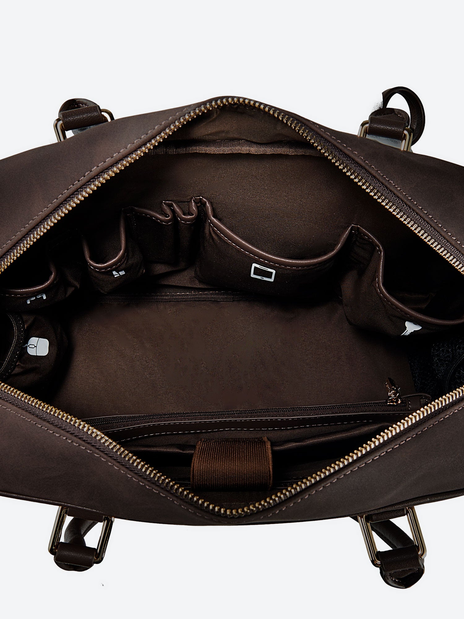 Victoria Hyde brown work bag, microfiber leather, vegan, water‑repellent. Fits 13" laptop, smart interior, removable cosmetic pouch, mouse and umbrella pockets. Organized for daily office use.