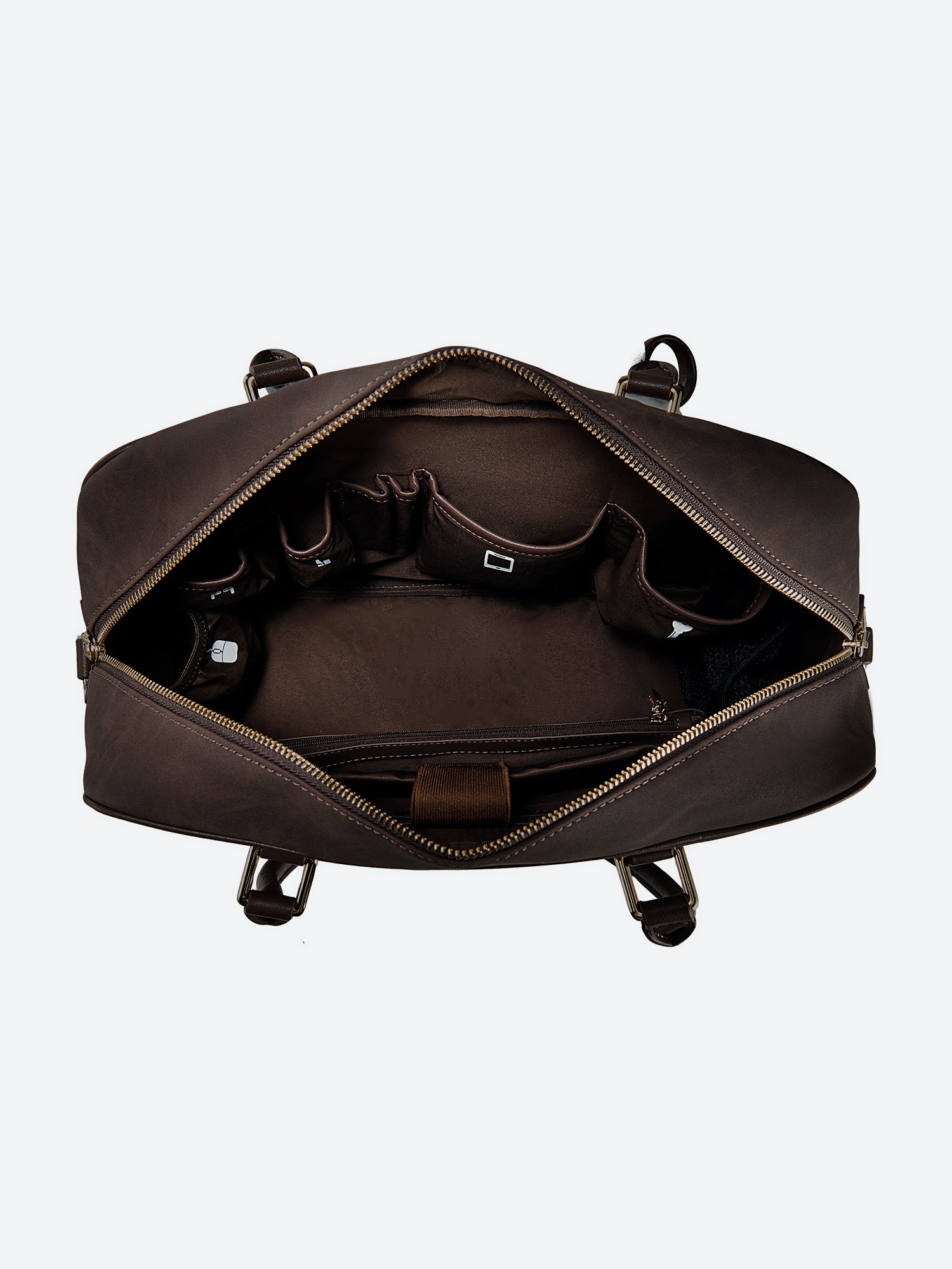 Victoria Hyde brown work bag, microfiber leather, vegan, water‑repellent. Fits 13" laptop, smart interior, removable cosmetic pouch, mouse and umbrella pockets. Organized for daily office use.