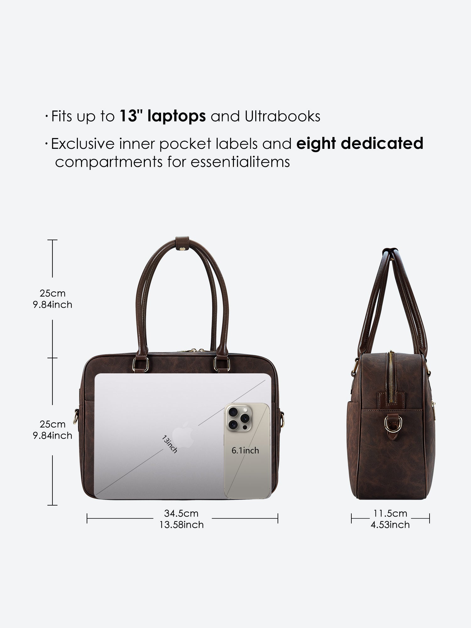 Victoria Hyde brown work bag, microfiber leather, vegan, water‑repellent. Fits 13" laptop, smart interior, removable cosmetic pouch, mouse and umbrella pockets. Organized for daily office use.