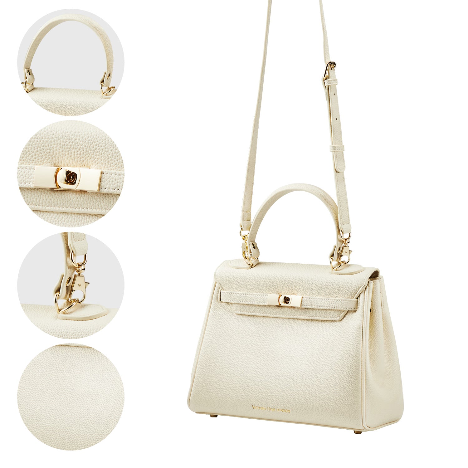 new_work_bag Victoria II white business bag-Elegant & classic Victoria Hyde handbag in Mondschein weiß. Textured vegan PU leather, light gold details. Wear as handheld, shoulder or crossbody. 28.5x22.5x12cm.