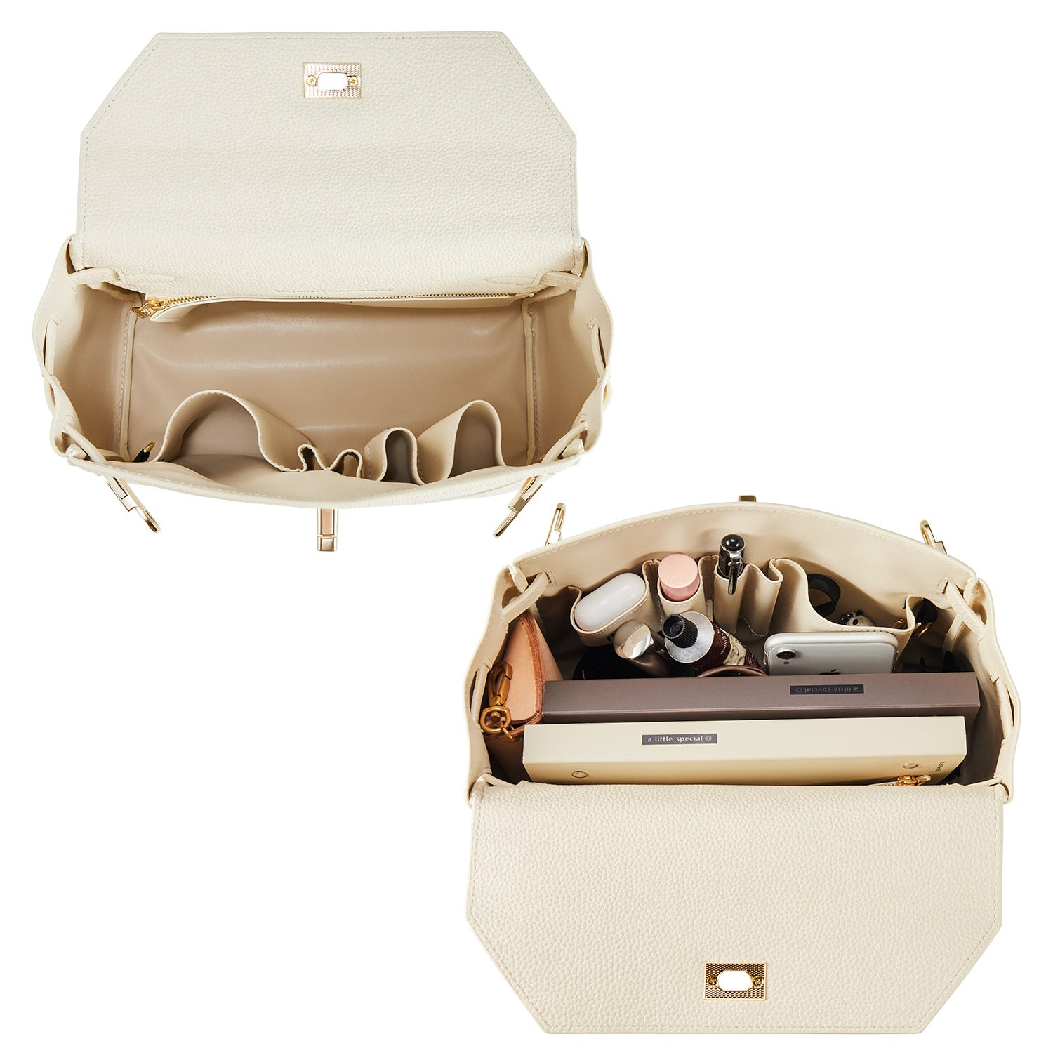 new_work_bag Victoria II white business bag-Elegant & classic Victoria Hyde handbag in Mondschein weiß. Textured vegan PU leather, light gold details. Wear as handheld, shoulder or crossbody. 28.5x22.5x12cm.