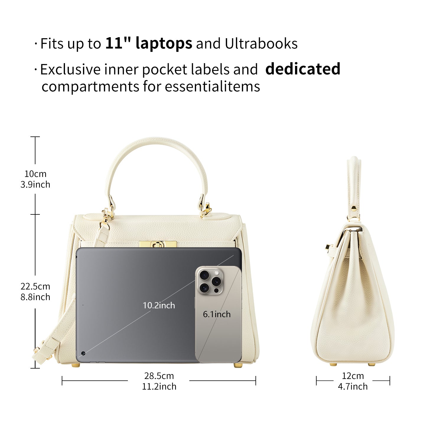 new_work_bag Victoria II white business bag-Elegant &amp; classic Victoria Hyde handbag in Mondschein weiß. Textured vegan PU leather, light gold details. Wear as handheld, shoulder or crossbody. 28.5x22.5x12cm.