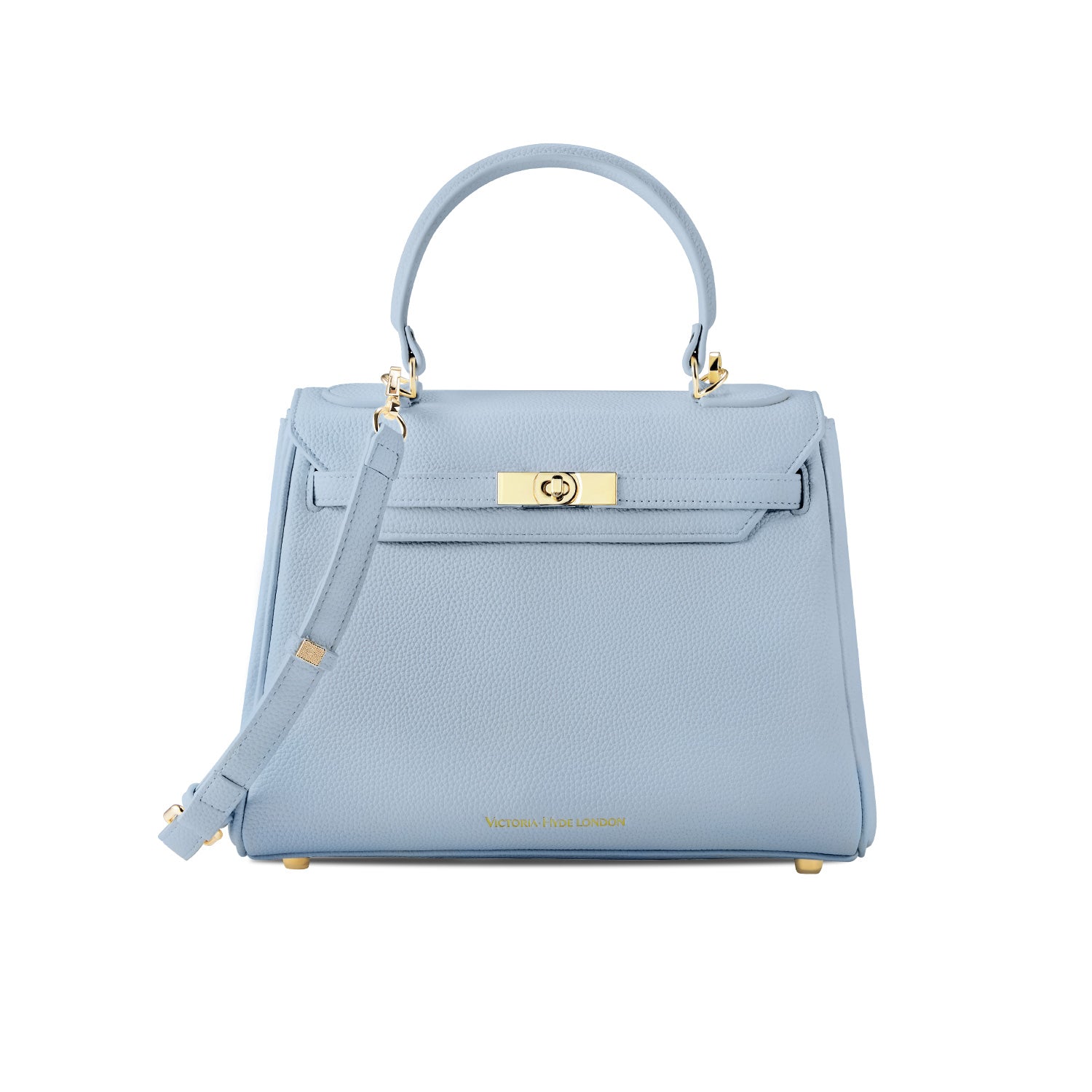 Elegant ash-blue Victoria Hyde handbag: vegan PU leather, light gold details, 3-in-1 carry style. Spacious interior with organized pockets. Lightweight & regal.