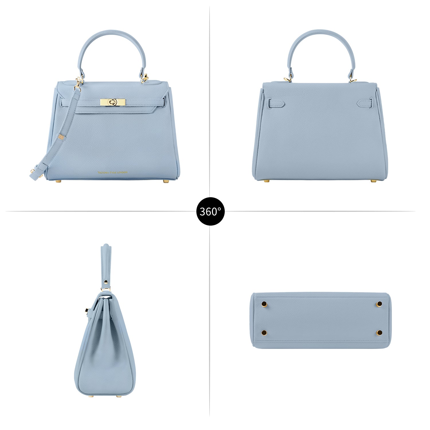 Elegant ash-blue Victoria Hyde handbag: vegan PU leather, light gold details, 3-in-1 carry style. Spacious interior with organized pockets. Lightweight & regal.