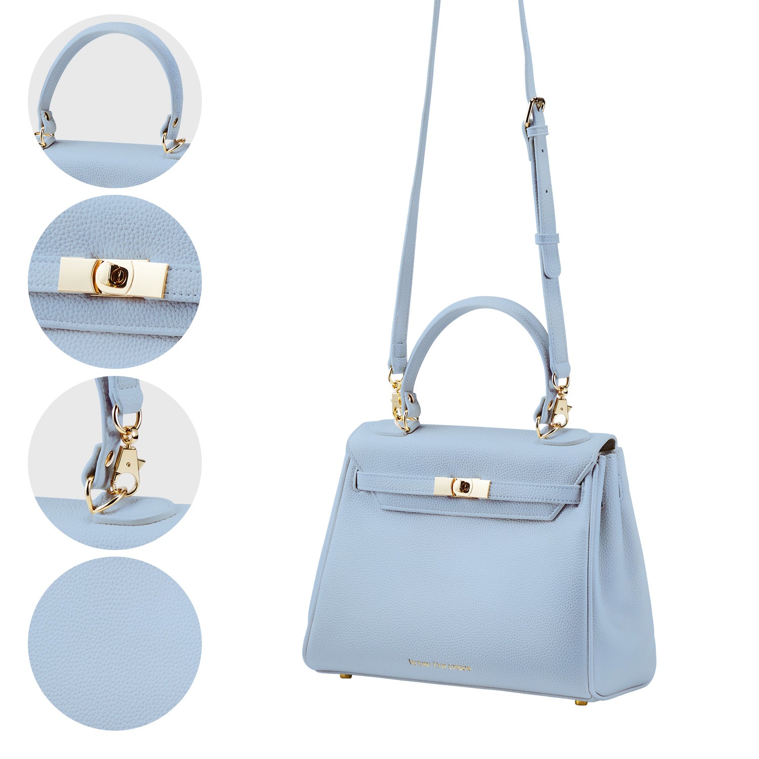 Elegant ash-blue Victoria Hyde handbag: vegan PU leather, light gold details, 3-in-1 carry style. Spacious interior with organized pockets. Lightweight & regal.