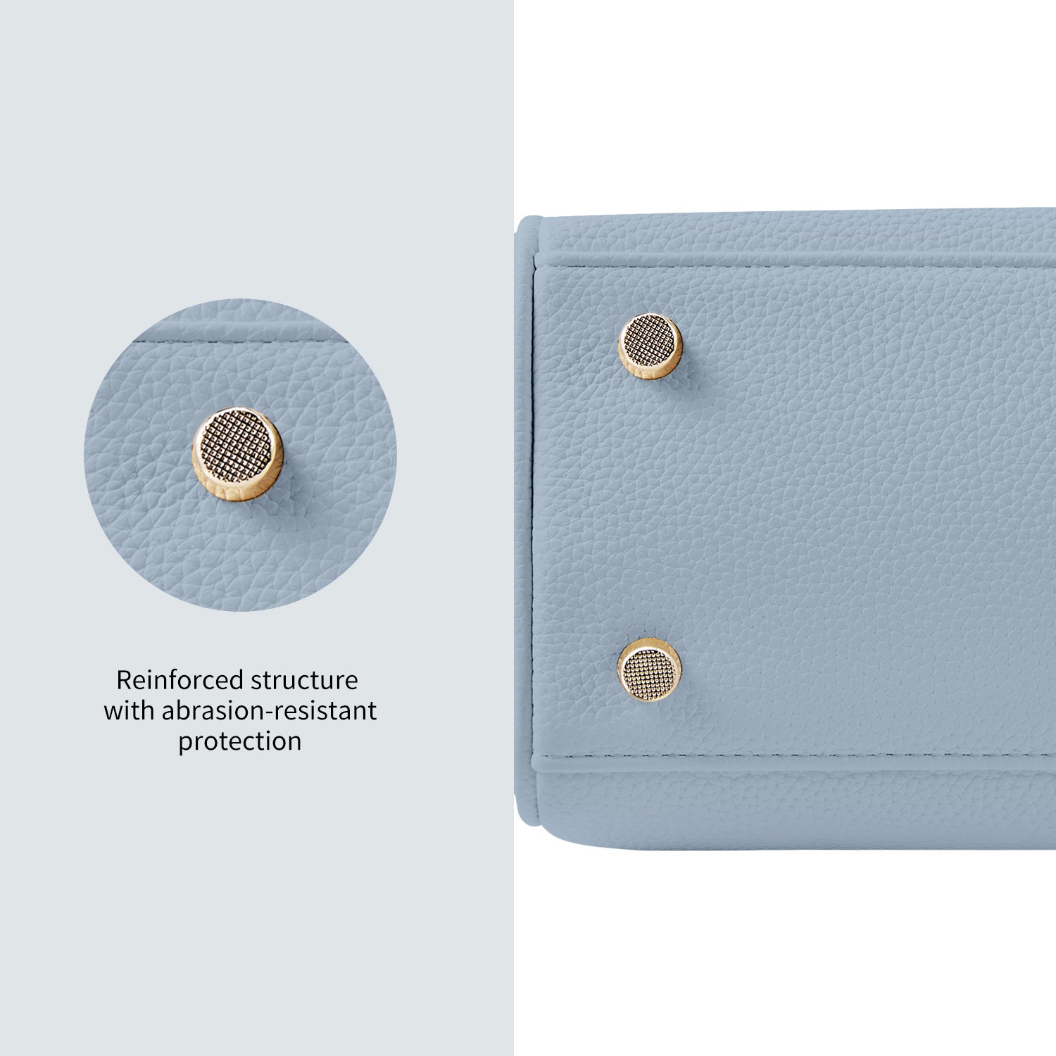 Elegant ash-blue Victoria Hyde handbag: vegan PU leather, light gold details, 3-in-1 carry style. Spacious interior with organized pockets. Lightweight & regal.