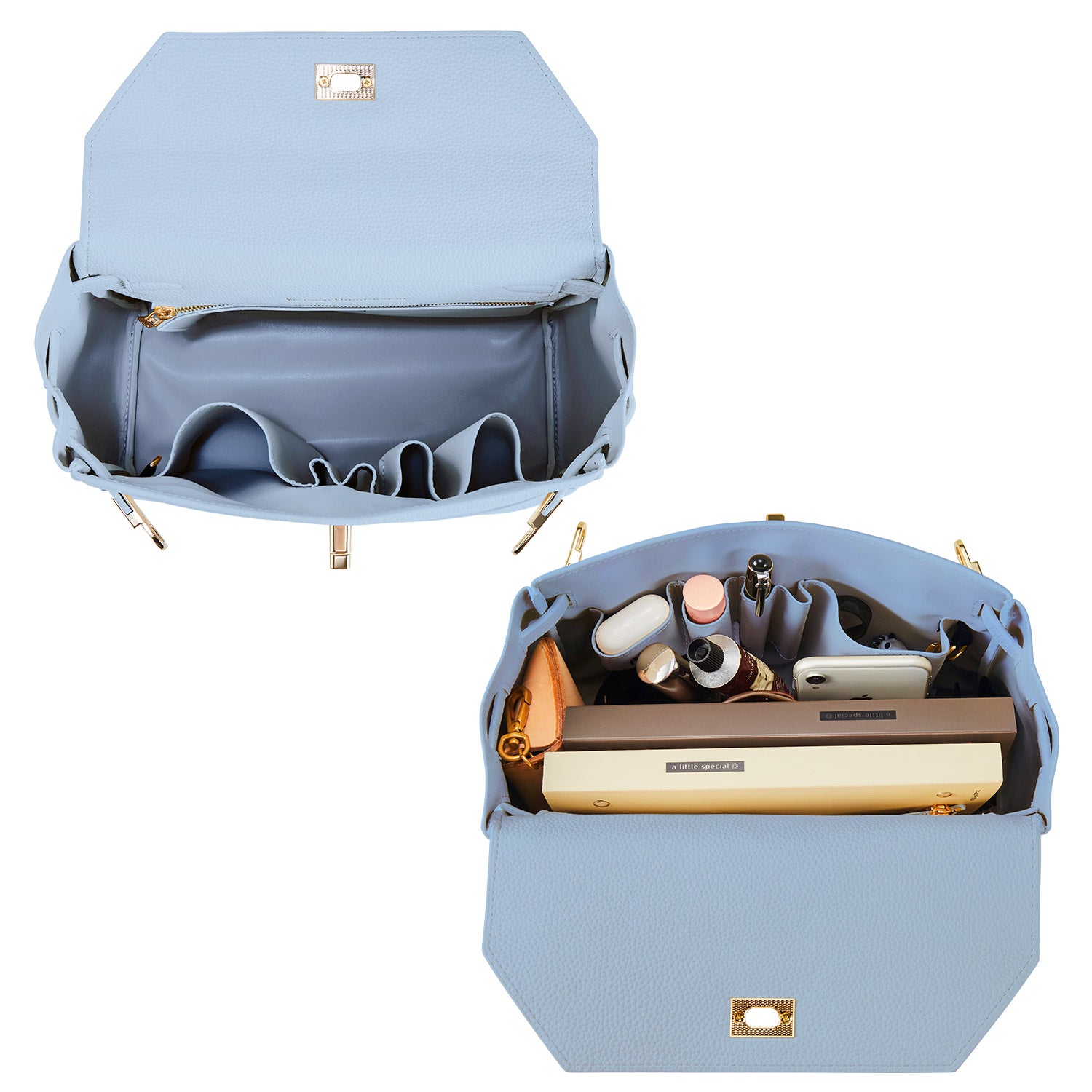 Elegant ash-blue Victoria Hyde handbag: vegan PU leather, light gold details, 3-in-1 carry style. Spacious interior with organized pockets. Lightweight & regal.