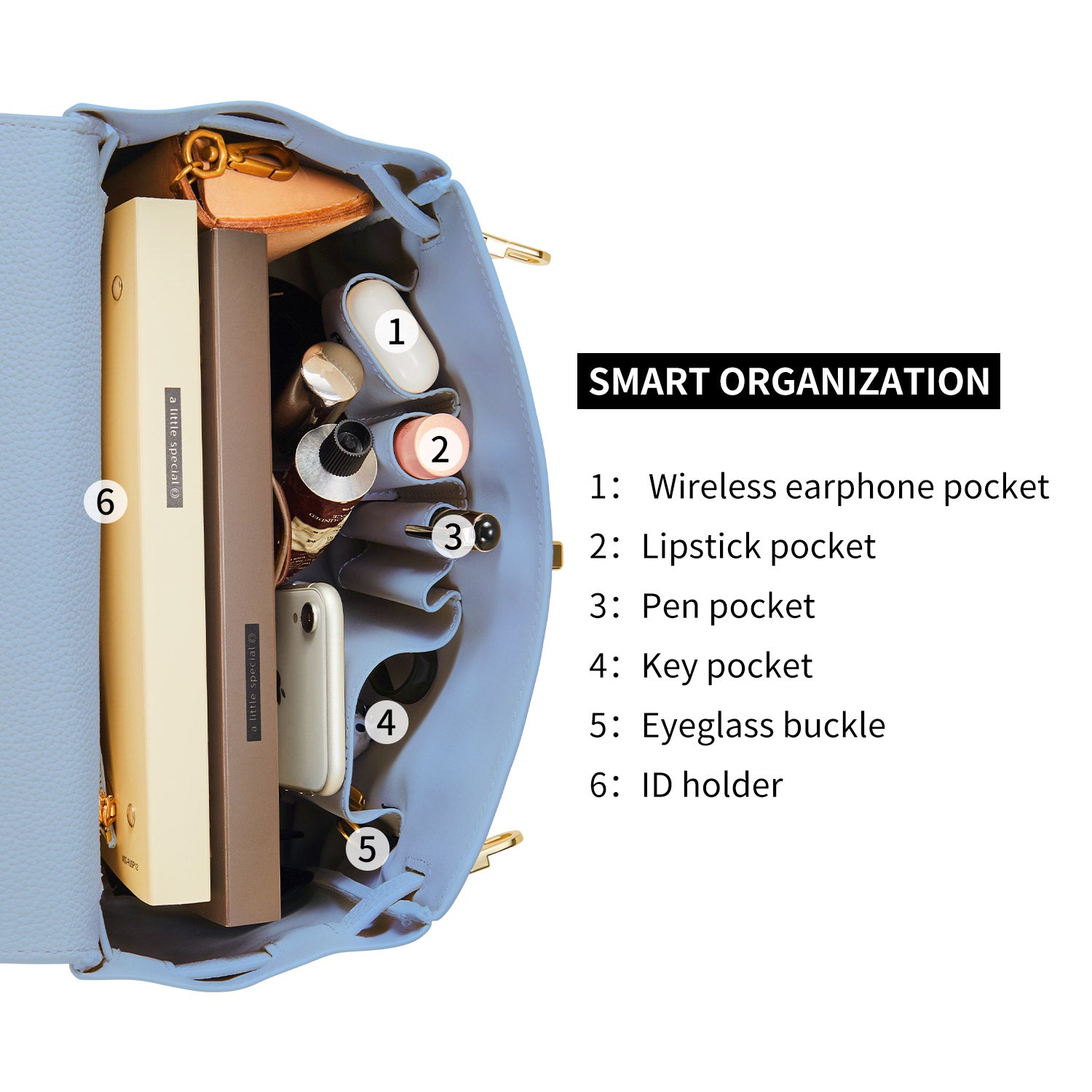 Elegant ash-blue Victoria Hyde handbag: vegan PU leather, light gold details, 3-in-1 carry style. Spacious interior with organized pockets. Lightweight & regal.