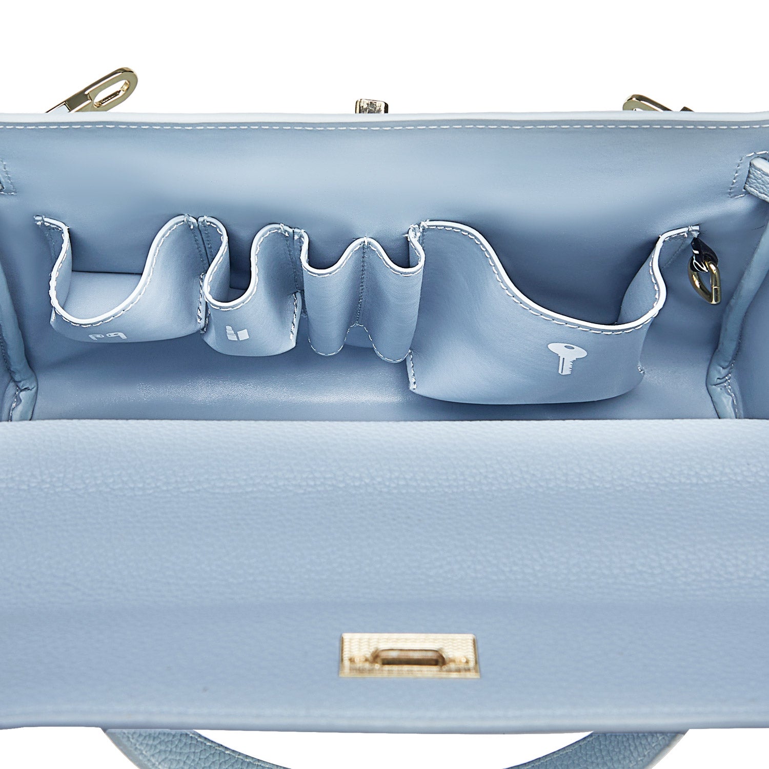 Elegant ash-blue Victoria Hyde handbag: vegan PU leather, light gold details, 3-in-1 carry style. Spacious interior with organized pockets. Lightweight &amp; regal.