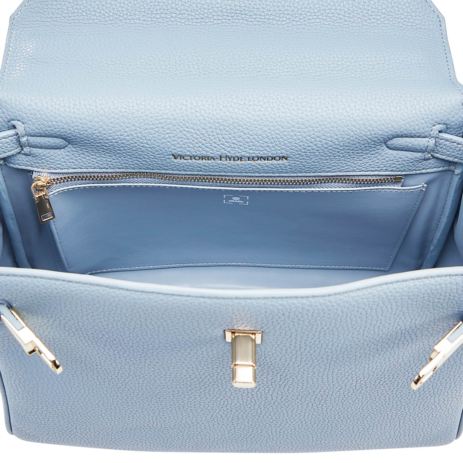 Elegant ash-blue Victoria Hyde handbag: vegan PU leather, light gold details, 3-in-1 carry style. Spacious interior with organized pockets. Lightweight &amp; regal.