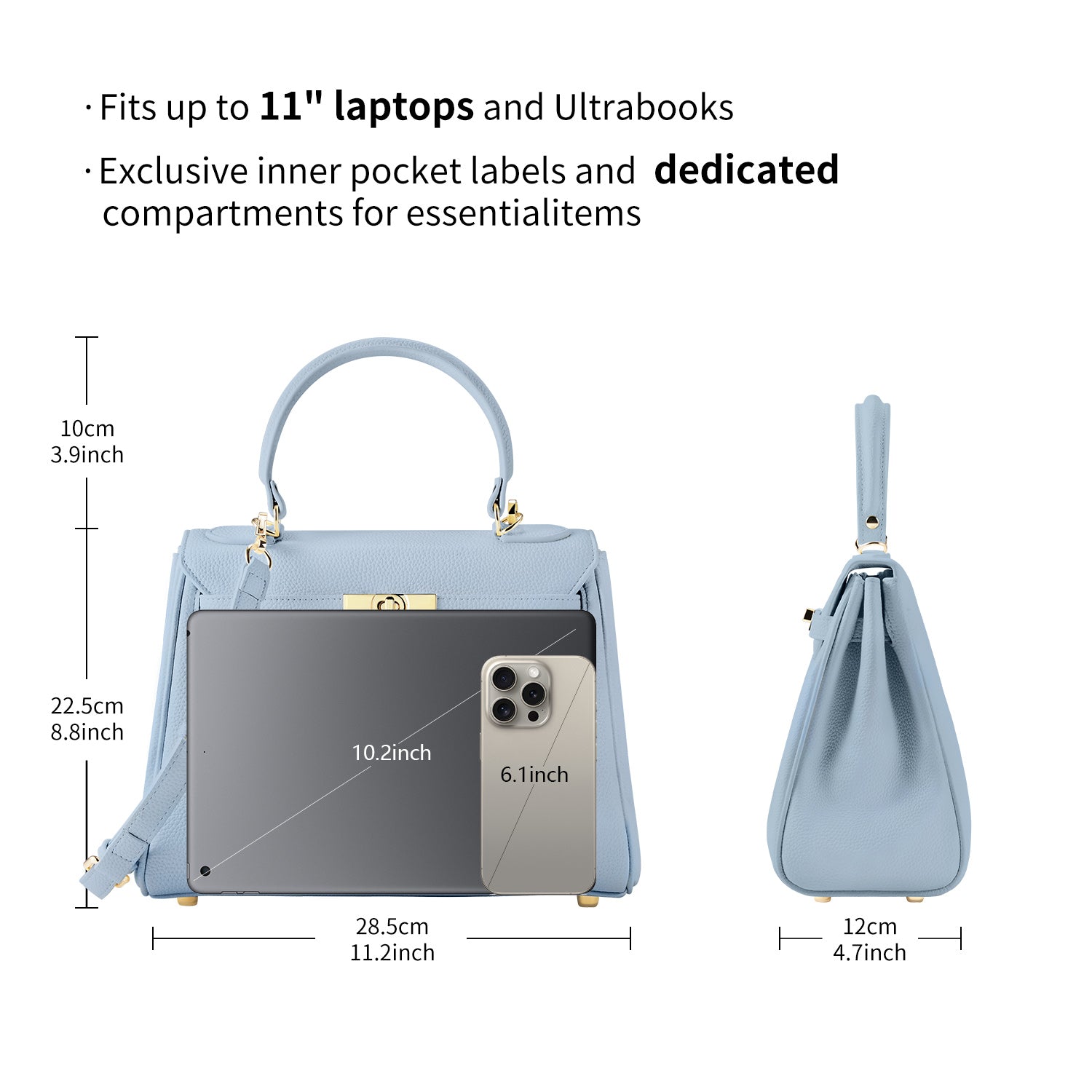 Elegant ash-blue Victoria Hyde handbag: vegan PU leather, light gold details, 3-in-1 carry style. Spacious interior with organized pockets. Lightweight &amp; regal.