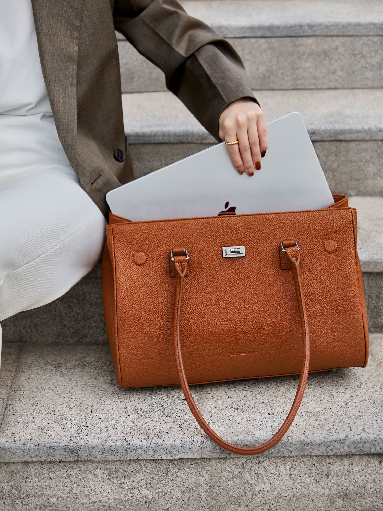 New Work Bag Jolene brown modern work bag sustainable tote bag with laptop compartment for women in business