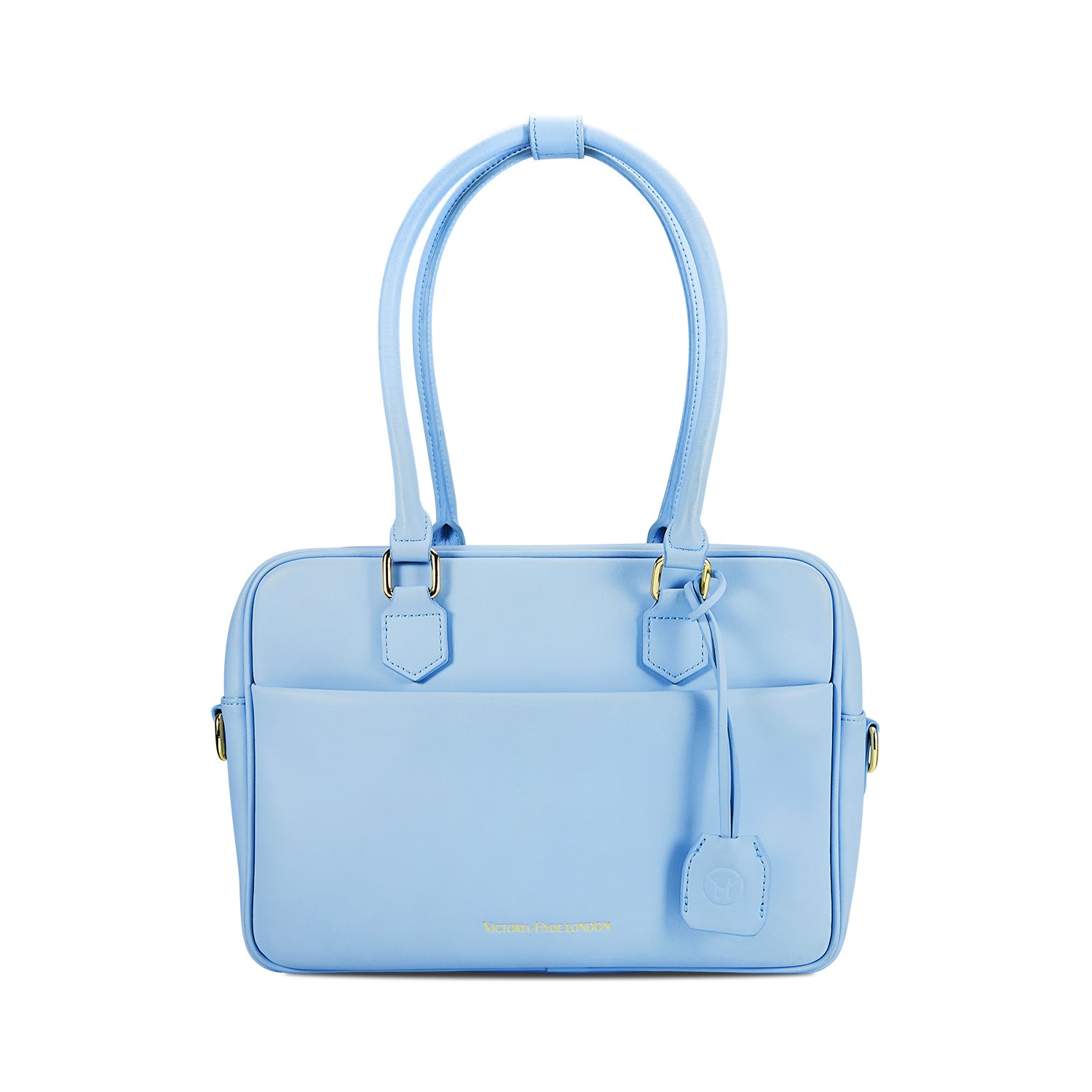 Light blue Victoria Hyde work bag: vegan, water-resistant, scratchproof microfiber leather. Fits 12.9" tablet/laptop. Smart interior + removable cosmetic bag. Perfect for commuting & professional women.
