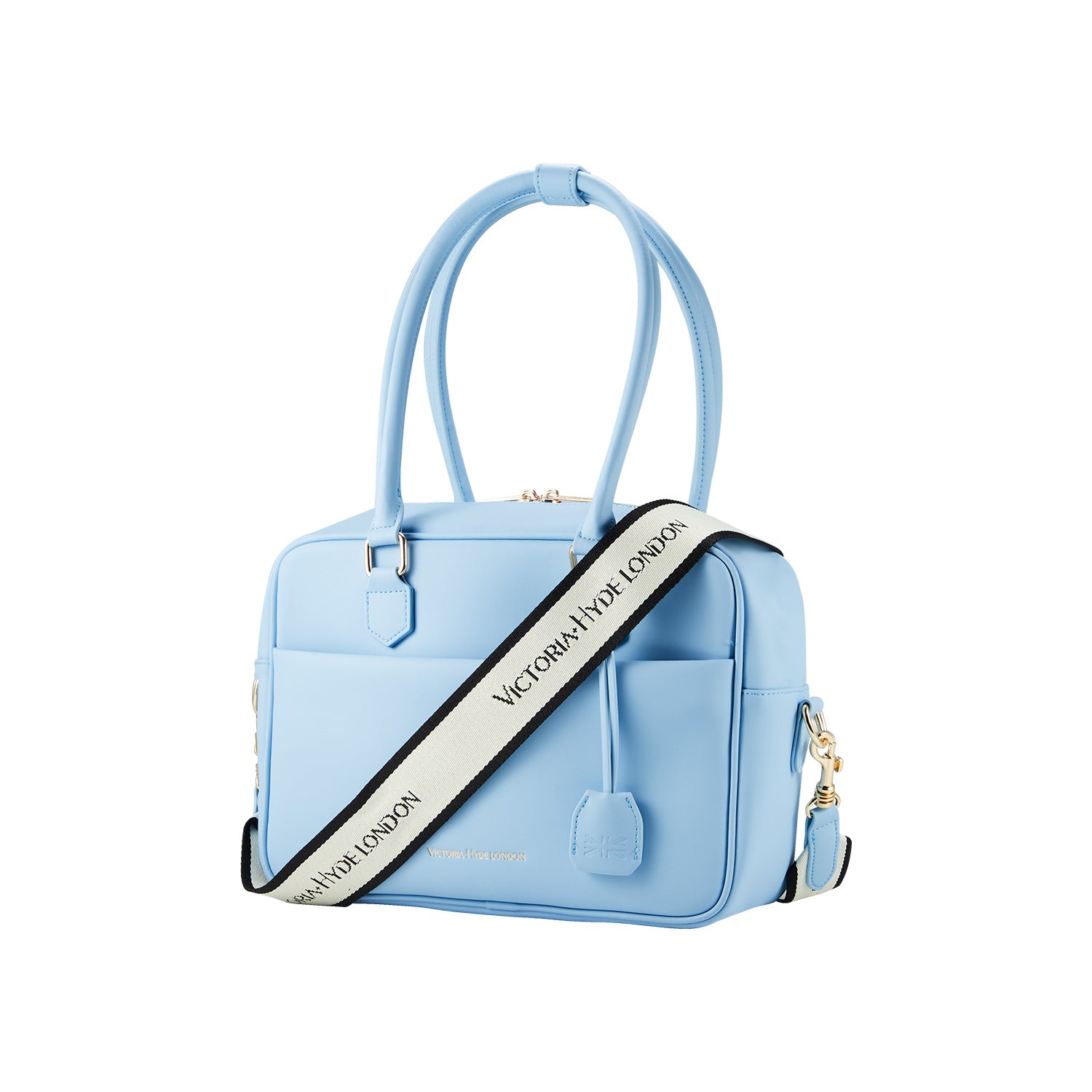 Light blue Victoria Hyde work bag: vegan, water-resistant, scratchproof microfiber leather. Fits 12.9" tablet/laptop. Smart interior + removable cosmetic bag. Perfect for commuting & professional women.