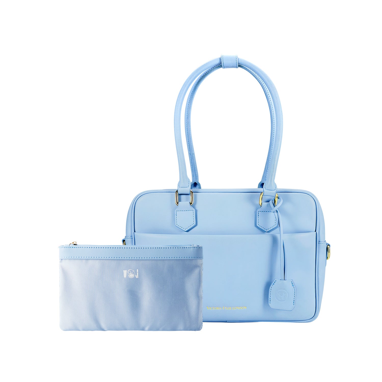 Light blue Victoria Hyde work bag: vegan, water-resistant, scratchproof microfiber leather. Fits 12.9" tablet/laptop. Smart interior + removable cosmetic bag. Perfect for commuting & professional women.