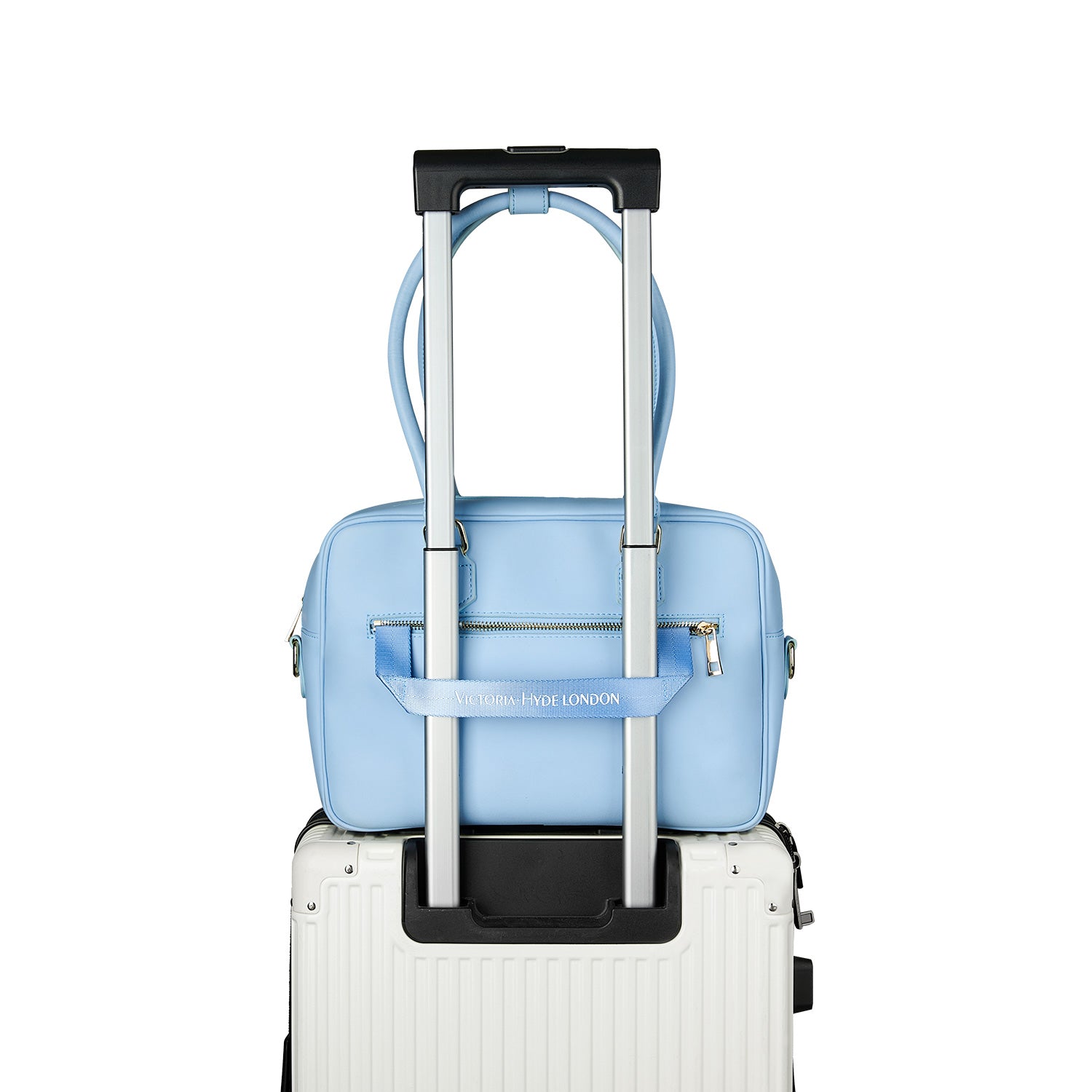 Light blue Victoria Hyde work bag: vegan, water-resistant, scratchproof microfiber leather. Fits 12.9" tablet/laptop. Smart interior + removable cosmetic bag. Perfect for commuting & professional women.