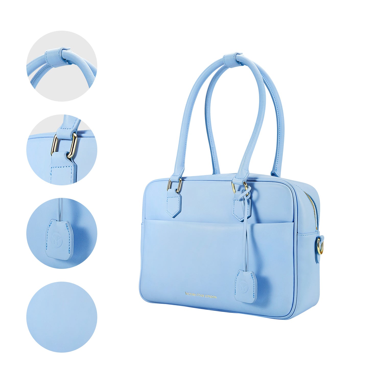 Light blue Victoria Hyde work bag: vegan, water-resistant, scratchproof microfiber leather. Fits 12.9" tablet/laptop. Smart interior + removable cosmetic bag. Perfect for commuting & professional women.